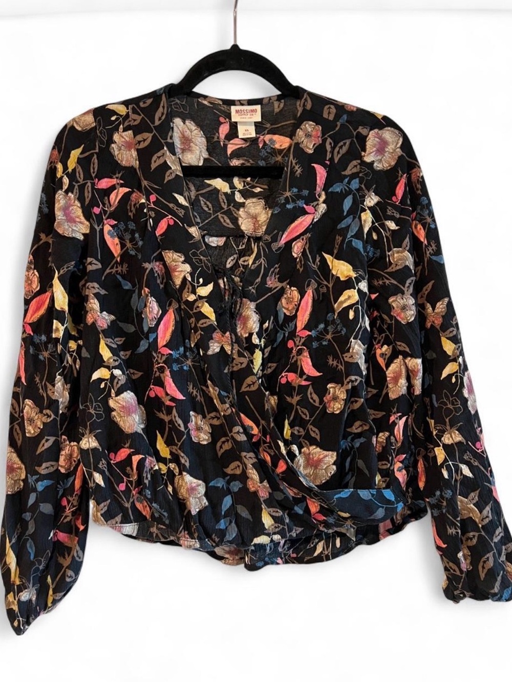 Mossimo Supply Co. Dark Floral Faux Wrap Peplum Blouse Size XS